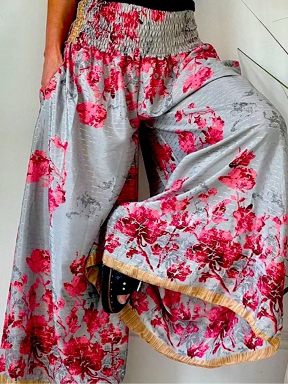 Floral Wide-Leg Palazzo Pants - Pink Floral on Light Gray